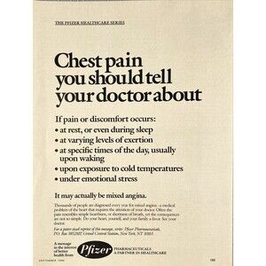 Pfizer A Message About Chest Pain *You Should Tell Your Doctor Vtg Print Ad 1986